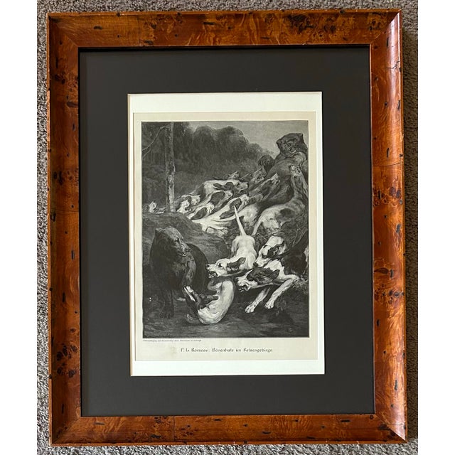 Antique German print of hunting dogs and two bears. Print is behind glass and in a beautiful Birdseye maple frame. Print...