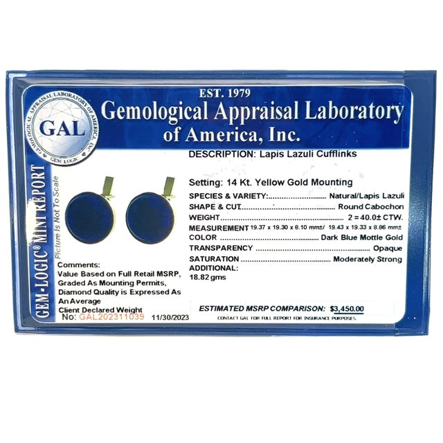 Natural Lapis Lazuli Cufflinks 14k Y Gold 40 CTW Certified, Pair For Sale - Image 10 of 13