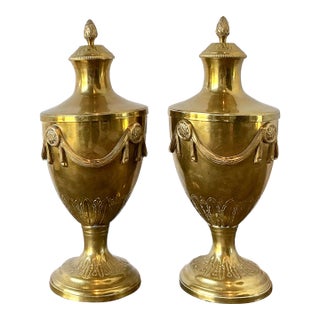 Vintage Swag Brass Lidded Urns - A Pair For Sale