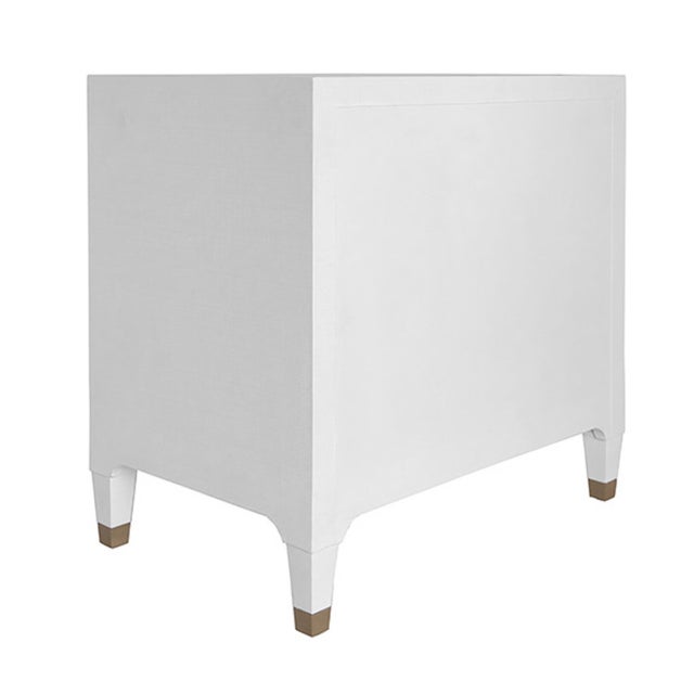 Matthew Izzo Home Amber White Textured Linen Three Drawer Side Table With Acrylic and Antique Brass Drawer Pulls and Ferrules For Sale In New York - Image 6 of 8