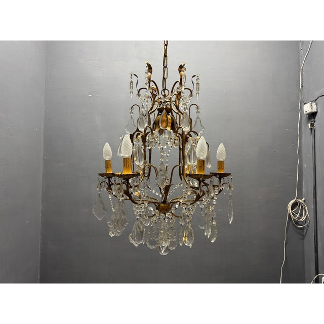 Gold Large Gilded Florentine Tole and Crystal Chandelier, 1950s For Sale - Image 8 of 12