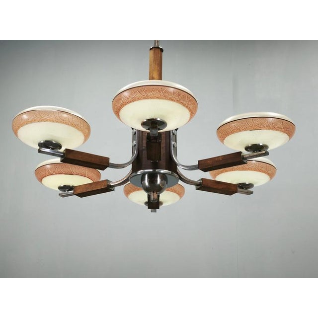 Exceptional large-scale art deco six-light chandelier, produced in czechoslovakia during the 1930s. The chandelier...