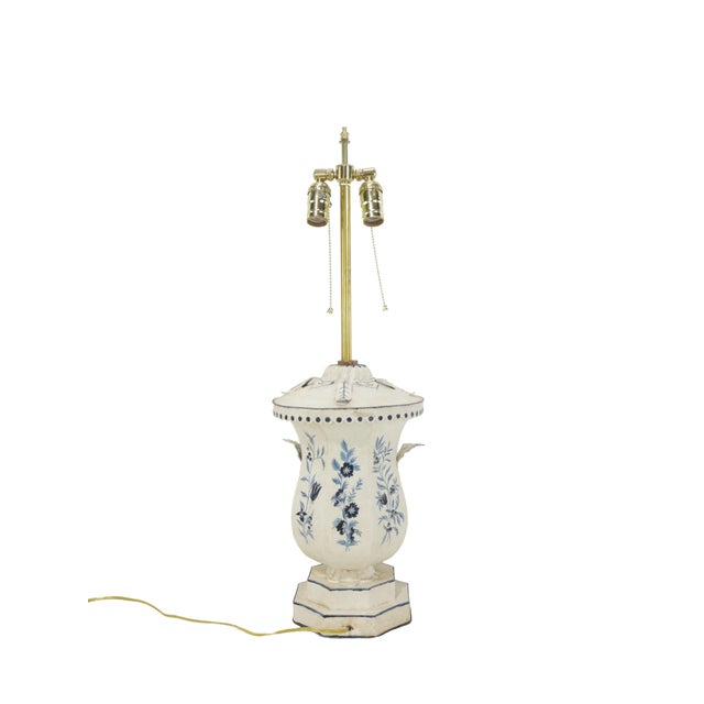 Art Deco A Pair of Vintage 1980s Hand-Painted Blue and White Toleware Table Lamps - For Sale - Image 3 of 12