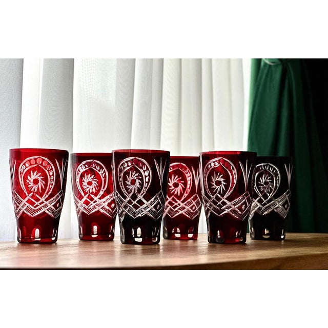 Vintage Ruby Red Cut to Clear Glass Pitcher and Glasses, Set of 7 For Sale - Image 6 of 10
