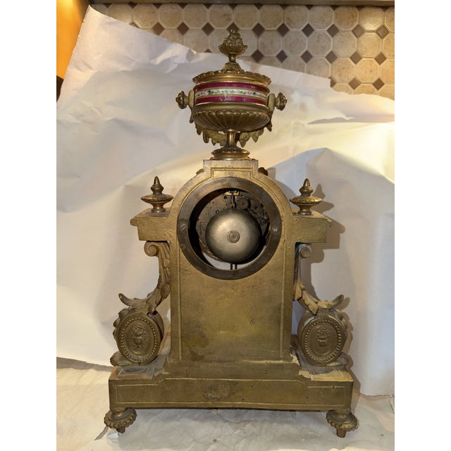 19th Century French Gilt Mantel Clock With Red Sevres Style Porcelain For Sale - Image 4 of 16