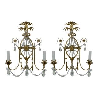 E. F. Caldwell Cut Crystal and Brass Two-Light Sconces - A Pair For Sale