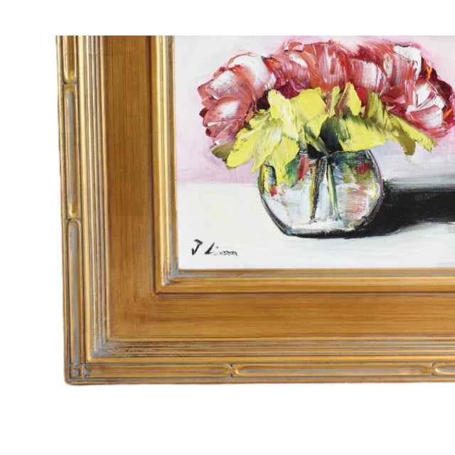 Impressionist abstract bouquet of red & yellow flowers in a vase oil painting on stretched artist canvas. Signed by the...