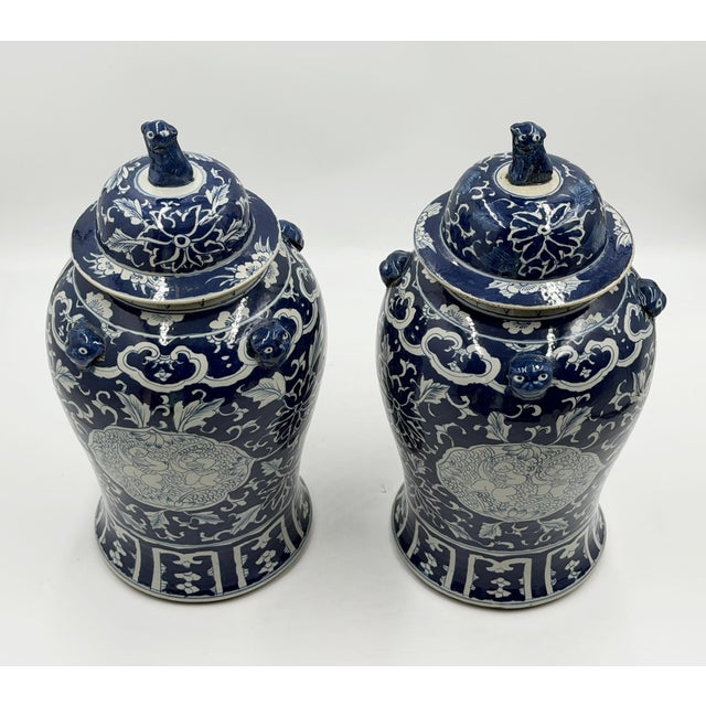 Mid 20th Century Pair of Chinese Style Blue and White Porcelain Temple Ginger Jars For Sale In Los Angeles - Image 6 of 18