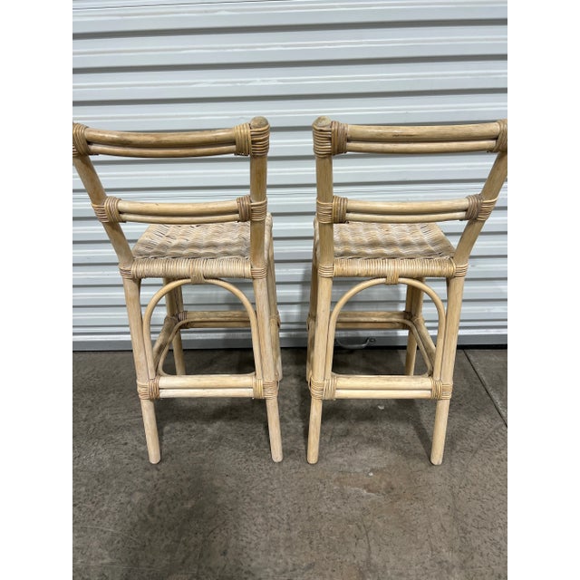 Mid 20th Century Mid 20th Century Mid Century Vintage Boho Chic Bamboo Wicker Rattan Stools - Set of 2 For Sale - Image 5 of 8