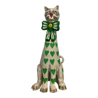 Vintage Jeanne Valentine–Attributed Cream and Green Papier-Mâché Cat Sculpture For Sale
