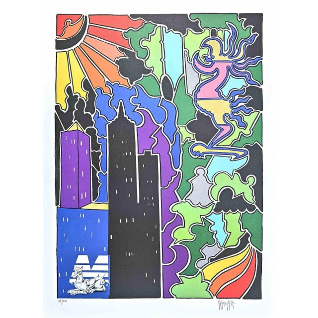 Contemporary Antonio Cremonese, Abstract Urban Landscape, Lithograph, 1980s For Sale - Image 3 of 3