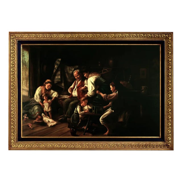 Rustic Figures, 1950s, Large Oil on Canvas For Sale