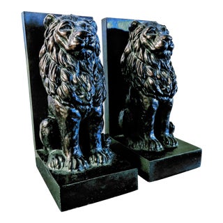 Vintage Bronze Toned Resin Stately Lions Poised en Guard as Bookends - a Pair For Sale