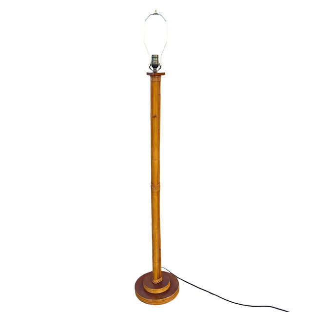 1950s Mid-Century Modern RestoredThree-Pole Rattan Floor Lamp W/ Mahogany Base For Sale - Image 4 of 9