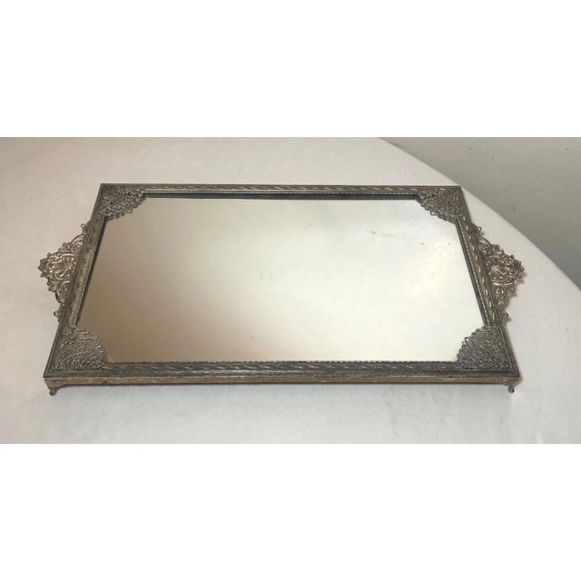 Antique Silver-Plate Rectangle Foo Vanity Filigree Jewelry Vanity Mirror Tray For Sale - Image 4 of 9