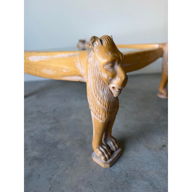 Vintage Egyptian Revival Hand-Carved Wood Lion Coffee Table With Inset Glass Top For Sale - Image 12 of 12