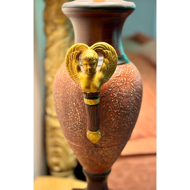Pair of Designer Neoclassical Urn Lamps With Winged Cherubs & Brass Accent For Sale - Image 4 of 6
