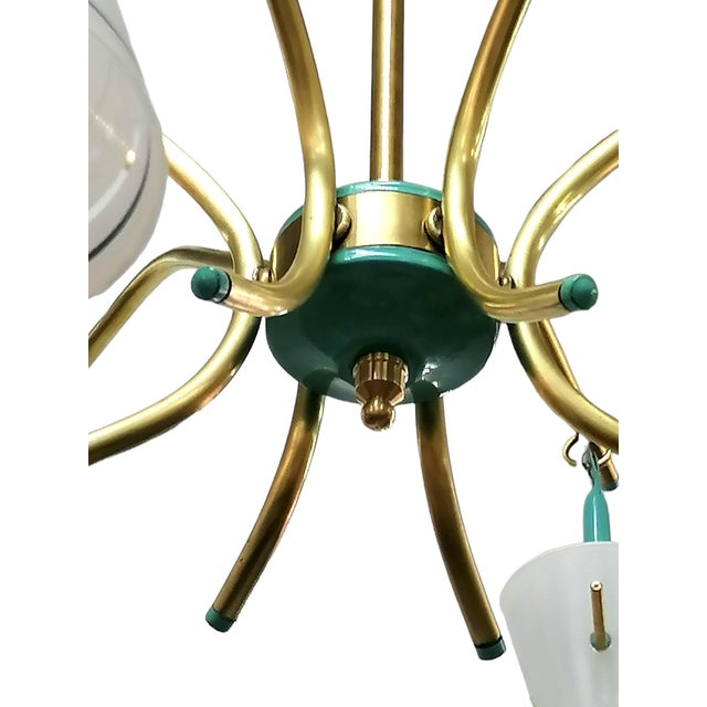 Mid-Century Modern Brass Suspension Chandelier with Tapered Shapes and Frosted Glass Diffusers attributed to Stilnovo, 1950s For Sale - Image 3 of 6
