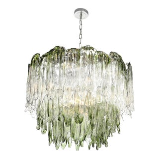 Mid-Century 3-Tier Hand-Blown Murano Green Glass Fiamme Chandelier by Mazzega For Sale