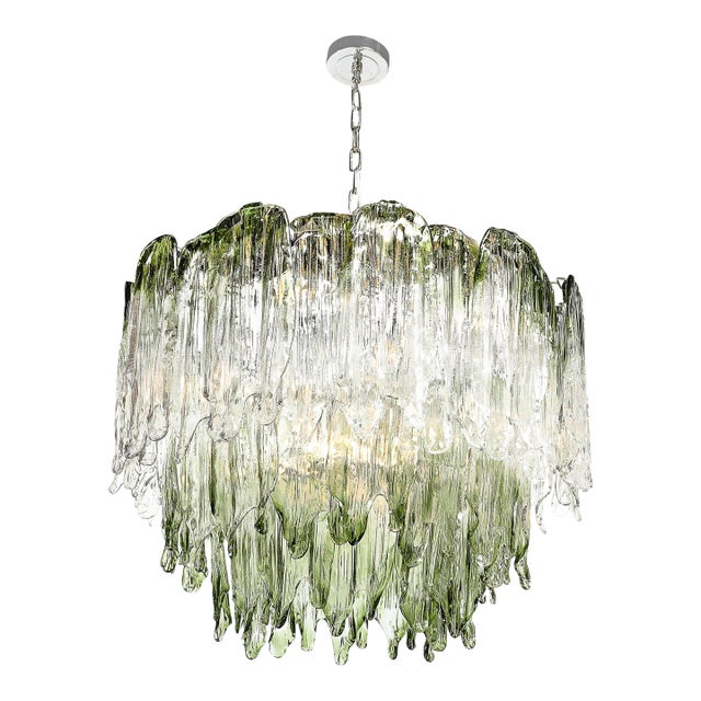 Mid-Century 3-Tier Hand-Blown Murano Green Glass Fiamme Chandelier by Mazzega For Sale