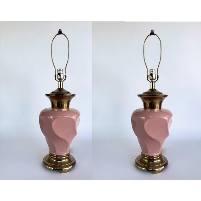 Vintage 1980's Pink Ceramic Lamps With Brass Base. For Sale - Image 9 of 9