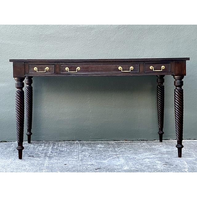 Vintage British Colonial Leather Top Writing Desk For Sale - Image 4 of 12