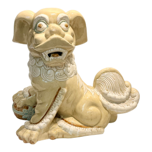 Monumental Circa 1980s Cream & White Ceramic Foo Dog Statue (18" Wide) - Mottahedeh Style