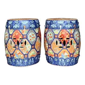 Vintage Asian Glazed Ceramic Low Stools - a Pair