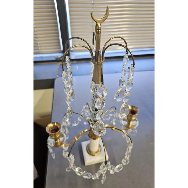 Brass Pair of Crystal and Brass Two Light Candle Table Sconces on Marble Plinth For Sale - Image 8 of 10