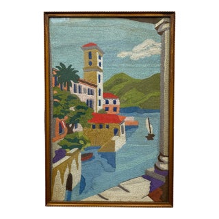 Mid-Century Framed Mediterranean Seaside Embroidery Tapestry For Sale