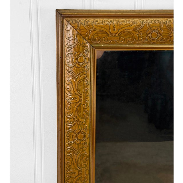 1920s Antique Traditional Oak Floral Embossed Frame Wall Mirror - 26x32 For Sale - Image 5 of 9