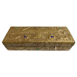 Russian Imperial Basma Eagle and Abramtsevo Semi-Precious Stones Wooden Box, 1900s For Sale