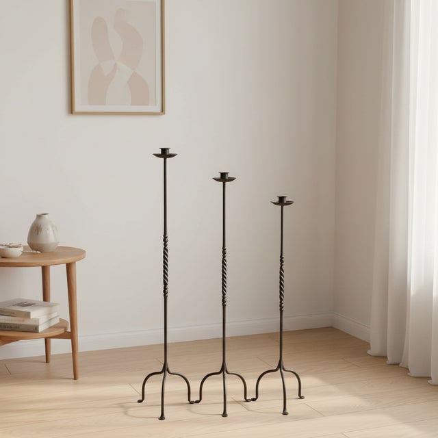 Rustic Hand Forged Iron Candelabra Set of 3 (93-113cm) Antique Copper Finish Barley Twist Stem with Deep Cylindrical Cups For Sale - Image 3 of 9