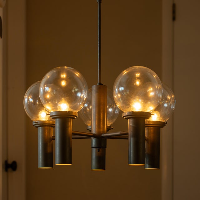 1960s Robert Long 5-Light Solid Brass & Hand-Blown Glass Chandelier, California Modern For Sale - Image 14 of 14