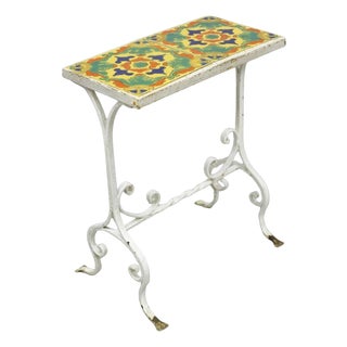 Antique Arts & Crafts Wrought Iron Side Table W/ Catalina California Tile Top For Sale