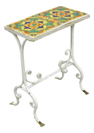 Antique Arts & Crafts Wrought Iron Side Table W/ Catalina California Tile Top