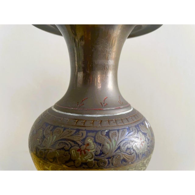 Brown Oriental Indian Etched Brass Vessel Vases, 1990s, Set of 2 For Sale - Image 8 of 12