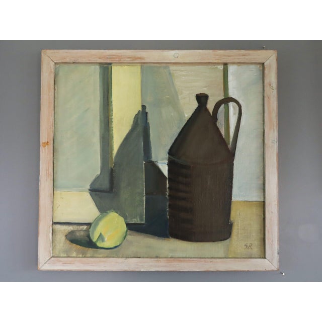 JUG & LEMON Size: 19.9 x 21.5 inches (including frame) Oil on board An elegant mid-century modernist style still life that...