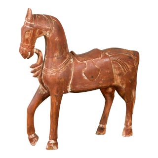 Mid 20th Century Indian Carved and Painted Wooden Mogul Horse on Rectangular Base For Sale