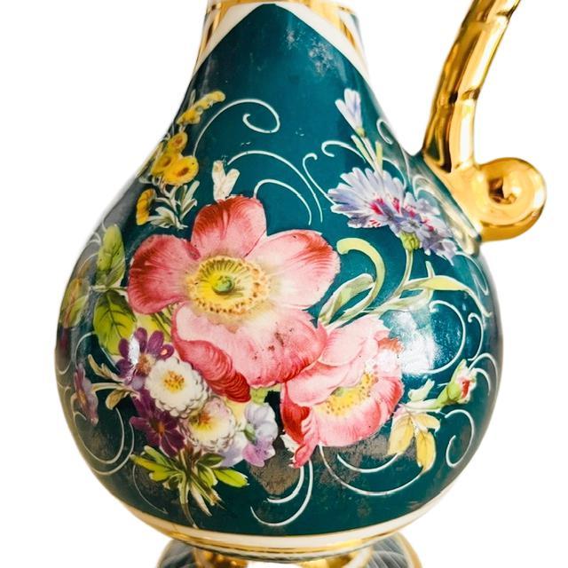 Vintage Mid-century Belgian vase/jug by H. Bequet with a gold finish, hand-painted flowers, and a Baroque look from the...