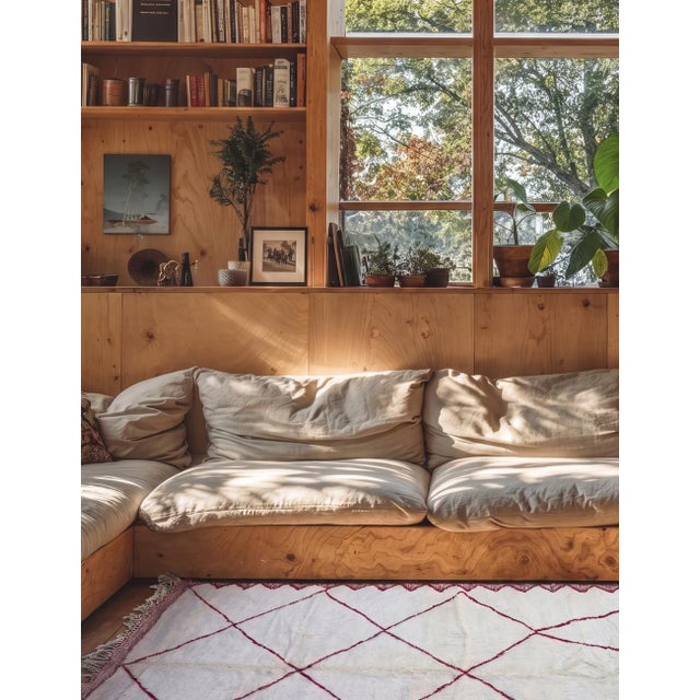 Modern Beni Ourain Rug | Handwoven Wool Rug with Burgundy Diamond Lattice & Sawtooth Border This striking modern Beni...