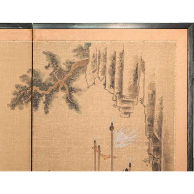 Wood 1970s "Scene With Boats" Shōwa Era Japanese Painted Byobu Screen For Sale - Image 7 of 11