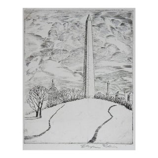 Small Vintage Washington Monument in Winter Etching For Sale