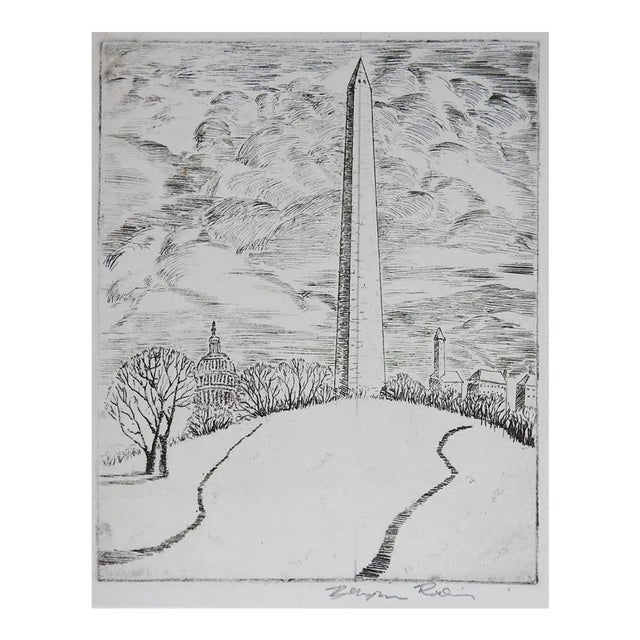 Small Vintage Washington Monument in Winter Etching For Sale