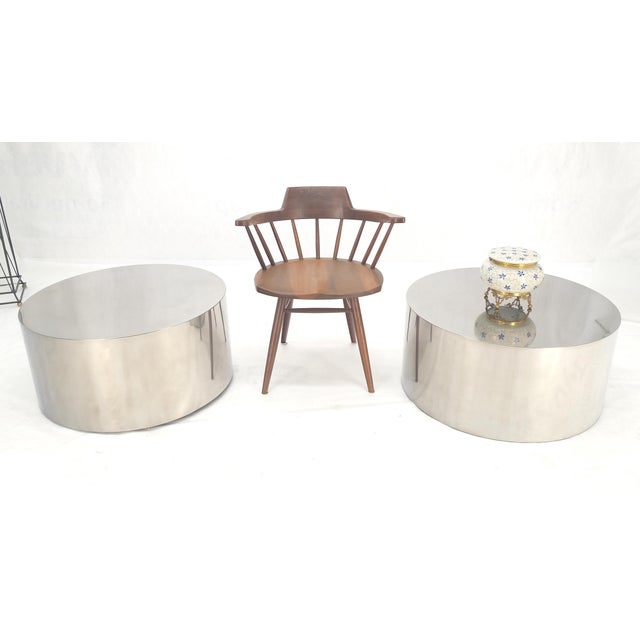Chrome Stainless Steel Drum Shape Round End Lamp Tables Stands Pedestals - A Pair For Sale - Image 6 of 9