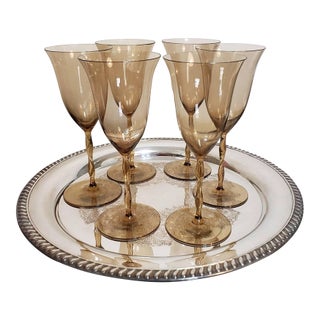 Pristine Set of 6 Orrefors Astrid Smoke Brown Water Goblets by Simon Gate - 8” Tall, Never Used For Sale