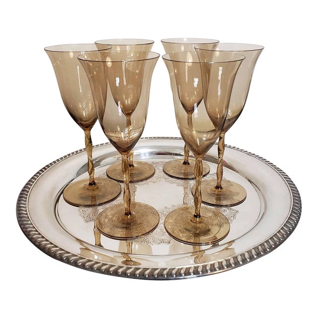 Pristine Set of 6 Orrefors Astrid Smoke Brown Water Goblets by Simon Gate - 8” Tall, Never Used For Sale