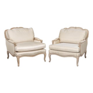 Louis XV Style White Upholstered Bergeres, Pair For Sale