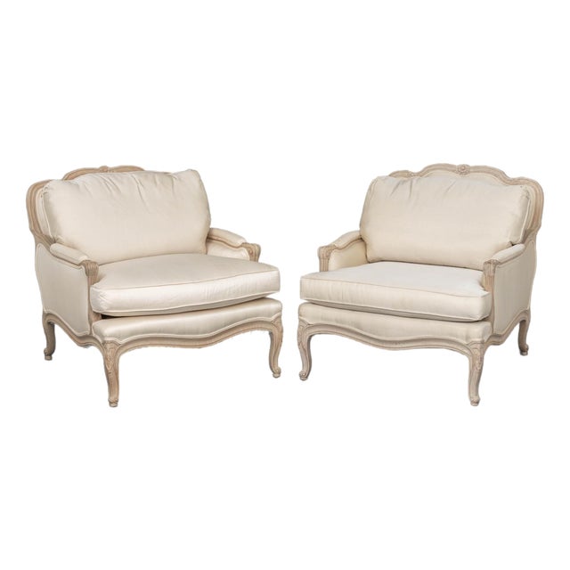Louis XV Style White Upholstered Bergeres, Pair For Sale