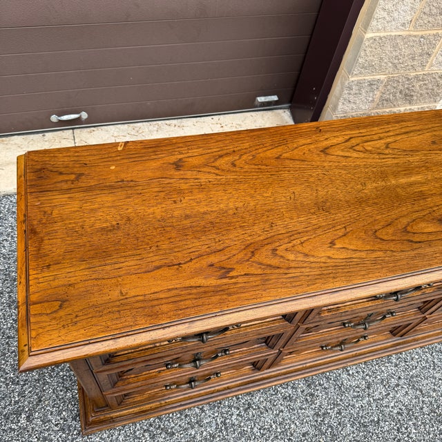 Brown 1970s Henredon Fine Furniture Spanish Revival Oak 9 Drawer Rolling Low Dresser For Sale - Image 8 of 15